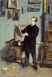 Selvportrett av Giovanni Boldini ser på et bilde, ca 1865, av Giovanni Boldini (1842-1931), olje på lerret, 32x22,5 cm.