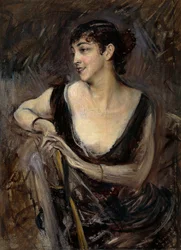 Grevinnen De Rasty sittende av Giovanni Boldini (1842-1931), olje på lerret, ca 1879