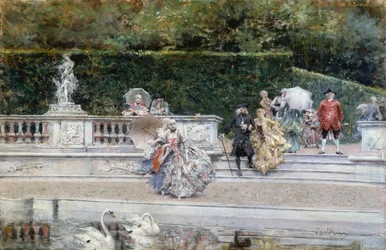 Utsikt over Versailles hage med folk kledd i klær fra det attende århundre, av Giovanni Boldini (1842-1931), olje på panel