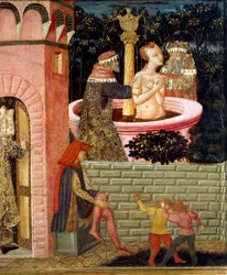 Historier om Susanne, rundt 1450, frontpanel av malt kiste, av Giovanni di Ser Giovanni, kjent som Lo Scheggia (1406-1486), tempera på tredetaljer