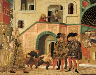 Historier om Susanne, rundt 1450, frontpanel av malt kiste, av Giovanni di Ser Giovanni, kjent som Lo Scheggia (1406-1486), tempera på tre, Detalj