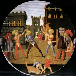 spill kalt civettino, detalj fra forsiden av fødselsbrettet (rundt maleri), rundt 1450, av Giovanni di Ser Giovanni, kjent som Lo Scheggia (1406-1486), tempera på tre