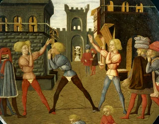 spill kalt civettino, detalj fra forsiden av fødselsbrettet (rundt maleri), rundt 1450, av Giovanni di Ser Giovanni, kjent som Lo Scheggia (1406-1486), tempera på tre