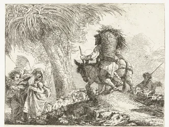 Maria med barn støttet av en engel og Josef fører et esel forbi en hyrde med sauer Fly til Egypt (serietittel) Idea pittoreske sopra la fugga i Egitto (serietittel)
