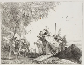 Mary, hjulpet av Josef og en engel, går ut av båten, tallerken atten fra The Flight into Egypt