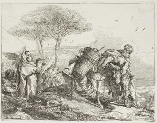 Mary, hjulpet av to engler, følger Josef med eselet, plate 25 fra The Flight into Egypt