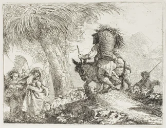 Mary, hjulpet av en engel, og Joseph som bærer kurven, passerer en flokk, plate 24 fra The Flight into Egypt