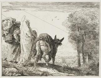 Maria holder barnet i armene og Josef med kurven, tallerken ti fra The Flight into Egypt