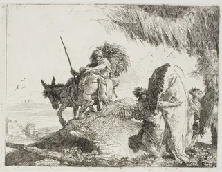 Mary, støttet av to engler, følger Joseph, plate 26 fra The Flight into Egypt