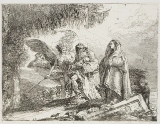 Mary og Joseph, Holding the Child, blir eskortert av en engel, tallerken tolv fra The Flight into Egypt