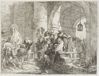 Den hellige familie ankommer en byport, plate 27 fra The Flight into Egypt