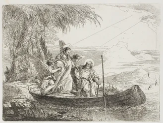 Den hellige familie går inn i båten med englenes hjelp, plate seksten fra The Flight into Egypt