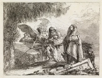 Den hellige familie ledsaget av en engel (Flukten til Egypt XII)