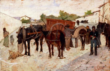 Stopp i Maremma eller scene av livet på landet av Giovanni Fattori (1825-1908), olje på lerret, 28x42 cm