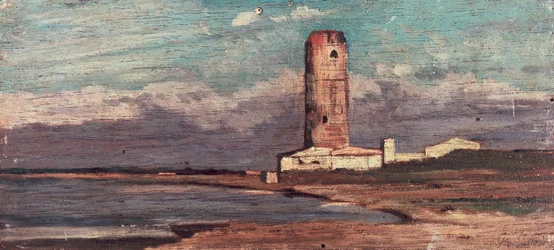 The Tower of Marzocco, eller Red Tower av Giovanni Fattori (1825-1908), olje på panel