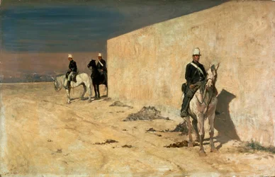 Utkikksposten (Den hvite veggen) Ryttere som står vakt foran en hvit vegg i ørkenen. Maleri av Giovanni Fattori (1825-1908)