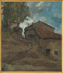 Mountain Traditional Housefarm (olje på kryssfiner)