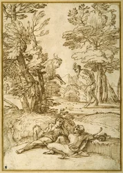 Et landskap med to gjetergutter som hviler, mens en satyr og en geit danser (penn og blekk på papir)