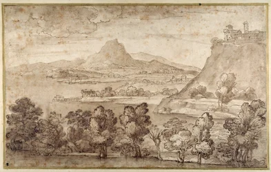 Landskap med en åsby og et mer fjerntliggende fjell (penn og brunt blekk med brun vask på hvitt papir)