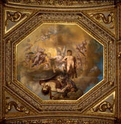 Se å drepe Meduse. Maleri av Giovanni Romanelli (1601-1662) som dekorerer taket i Antonine Hall, soverommet til sommerleilighetene til dronning Anne av Østerrike (1601-1666). Rundt 1655-1658. Paris, Louvre-museet.