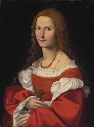 Portrett av en dame som Maria Magdalena, halvfigur, i rød kjole og perlekjede