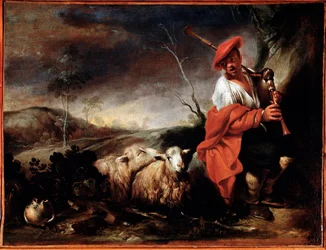 Hyrde som spiller sekkepipe med sauene sine Maleri av Giovanni Francesco Castiglione (1641 / 42-1716) Genes, Musei di Strada Nuova (ex Palazzo Bianco)