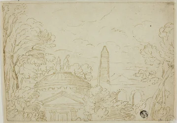 Landskap med tempel, obelisk og akvedukt
