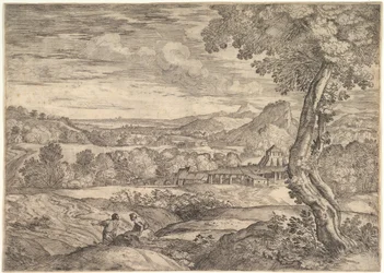 Landskap med teglfabrikk i mellomgrunnen, en stående mann i forgrunnen p..., 1626-80.