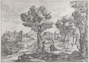 Landskap med en mann som holder en slange til et livredd barn, overvåket av en moteriktig dre..., 1626-80.