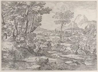 Tre gutter i et landskap med en by i bakgrunnen, 1626-80.