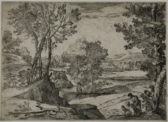 Kvinne, hennes barn og en stående mann i et landskap