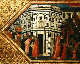 Cassone dekorert med en scene av Palio av S. Giovanni (tempera på panel)