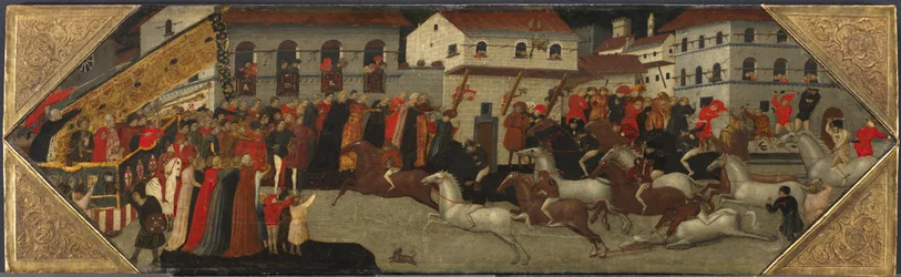 Panel fra en Cassone: The Race of the Palio in the Streets of Florence, 1418