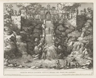 Cascade in de tuinen van de Villa d'Este te Tivoli Utsikt over fossen under orgelet i hagenivået (tittel på objekt) Fontenene i Estense-hagen i Tivoli (serietittel) Fonteinen in de tuinen van Villa d'Este te Tivoli (serietittel)