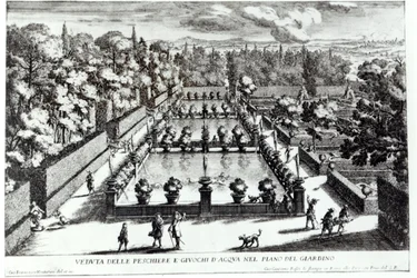 Fiskedammene ved Villa dEste, Tivoli, fra Le Fontane av Giovanni Battista Falda (ca. 1648-1787), utgitt av 1689