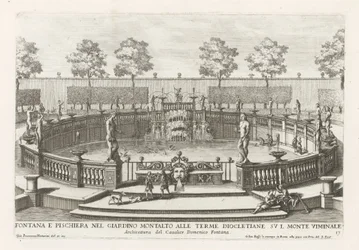 Fontene og fiskedam i hagen til Villa Montalto i Roma Fontana e pischiera nel giardino Montalto alle Terme Diocletiane (...) (tittel på objekt) Le fontane ne palazzi e ne giardini di Roma (serietittel) Fontener i palassene og hagene til Ro