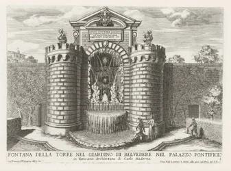 Fontein in de Vaticaanse tuinen Tårnfontene i Belvedere-hagen i pavepalasset (...) (tittel på objekt) Fontenene i palassene og hagene i Roma (serietittel) Fonteinen in de paleizen en tuinen van Rome (serietittel)