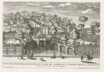 Fontein in the gardenen av Villa Doria Pamphilj te Roma Utsikt over fontenene på høyre side av hageteateret (...) (tittel på objekt) Fontenene i palassene og hagene i Roma (serietittel) Fonteinen in de paleizen en tuinen van Rome (serie