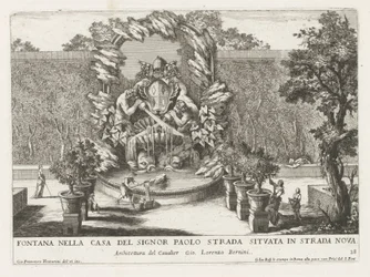 Fontene med pavelig våpenskjold, to tritoner og delfiner Fontana nella casa del signor Paolo strada situata in strada nova (tittel på objekt) Le fontane ne palazzi e ne giardini di Roma (serietittel) Fontener i palassene og hagene i Roma (