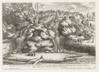 Landschap met cascade en Tempel van de Tiburtijnse Sibille te Tivoli Prospekt og fossen i elven aniene med tempelet til sibyllen (...) (tittel på objektet) Fontene i Este-hagen i Tivoli (serietittel) Fonteinen in de tuinen van Villa d' Este t