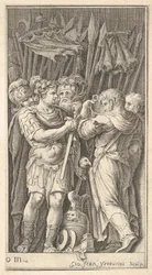 Soldater, en vist frontalt og holder et sverd, til høyre en soldat med ba..., ca. 1650-1700.