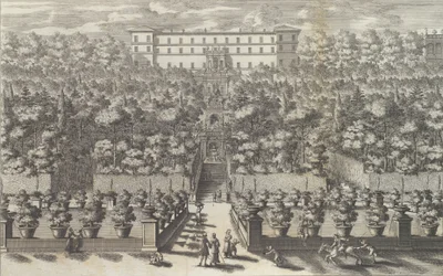 Utsikt over palasset fra hagetasjen med fontenene ..., 1691 eller senere.