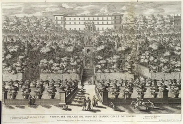 Utsikt over palasset fra hagetasjen med sine fontener, fra puben La Fontane. ca 1691