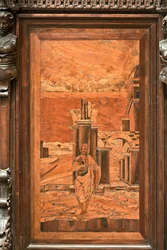 Genova, Duomo (St. Lawrence-katedralen), innvendig, apsis, kor, nordsiden: "Baptisten i villmarken", tre intarsia av Giovanni Francesco Zambelli (XVI århundre)