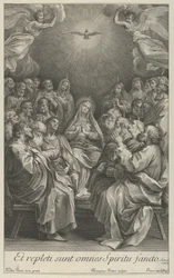 Jomfruen med apostler som ser opp mot den hellige due og to engler, etter Reni, 1700-50.
