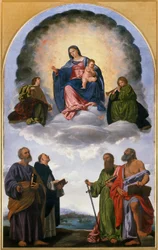 Madonna in Glory with the Christ Child, Two Angels Musicians, St. Peter, St. Dominic, St. Paul and St. Jerome (Pesaro altertavle)