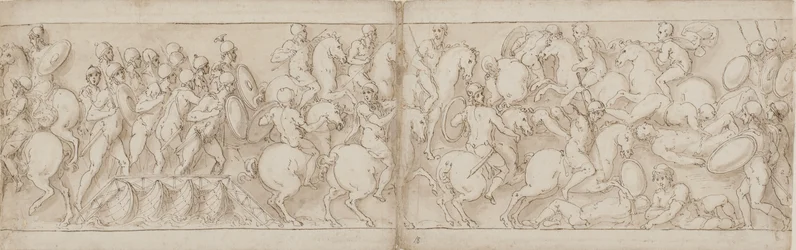 Marcus Aurelius legger ut over en brygge med infanteri og kavaleri (CVIII); Sarmaterne blir slått tilbake av fremrykkende romere (CIX)