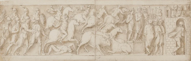 romerske bueskyttere(?), romersk overfall (XCIX); Marcus Aurelius henvender seg til vaktene sine (C); Marcus Aurelius mottar en advarsel (CI)
