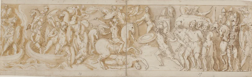 Romerske soldater krysser en elv i båter (stort sett restaurering; XXXIV)2; en kjempende romersk soldat (fra slutten av XXIV); Romerske vakter som bringer barbariske fanger for keiseren (utelatt på tegningen; slutten av XXV); begynnelsen av en marsj (begyn