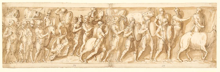 Romerne på marsj (XXXVI); Marcus Aurelius, Pompeius og en ledsager ser på marsjen (XXXVII); stopp på marsjen (XXXVIII)